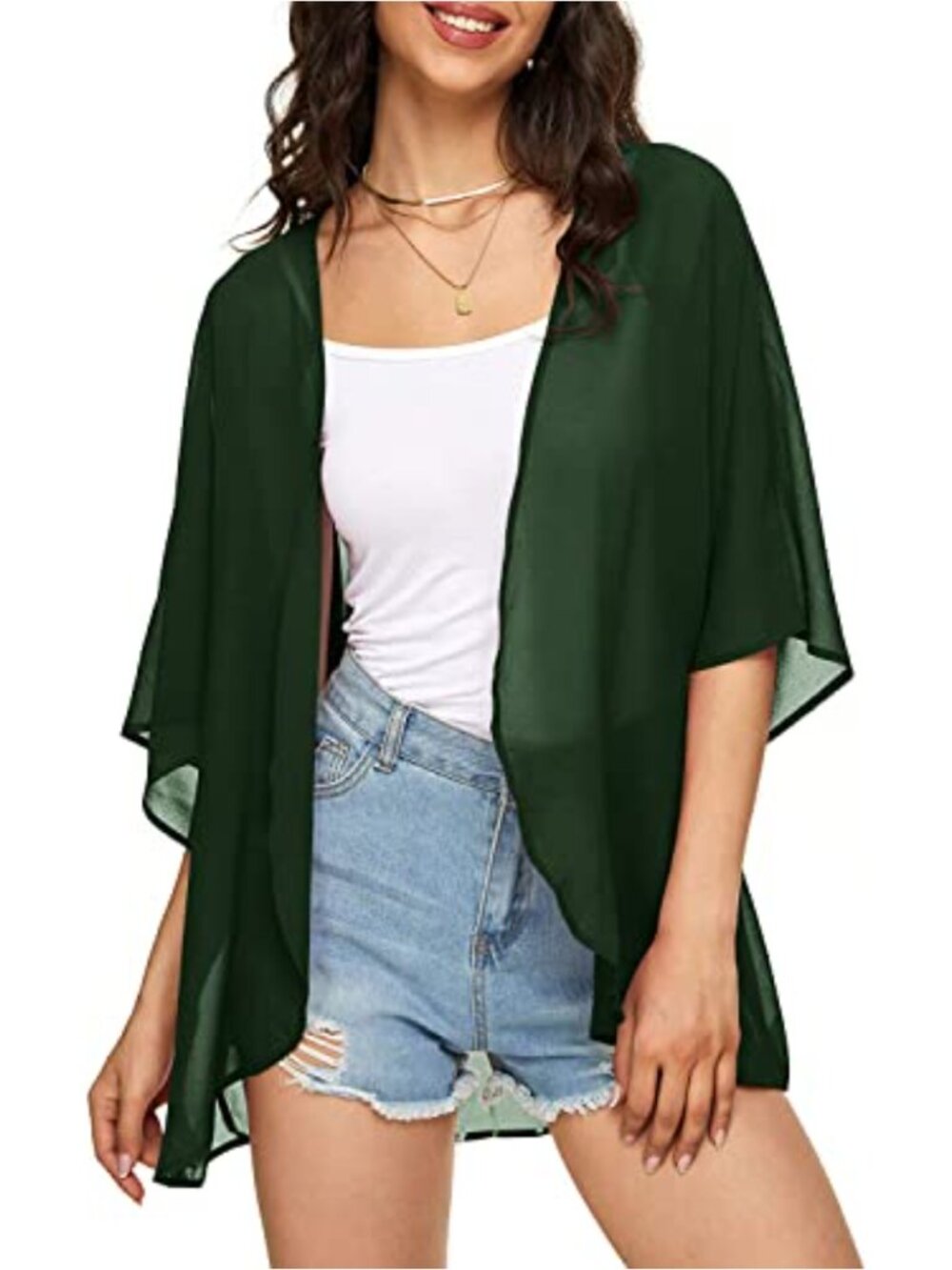 Chiffon Kimono Cardigan Puff Sleeve Open Front Beach Cover Up